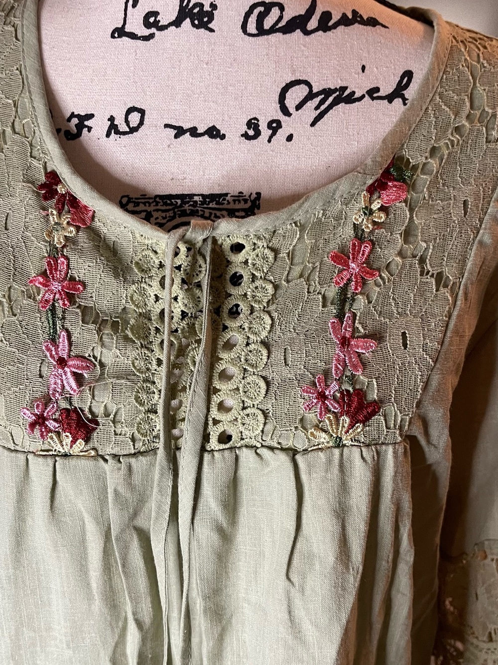 Embroidered Olive Green Lace Yoke Women's Top